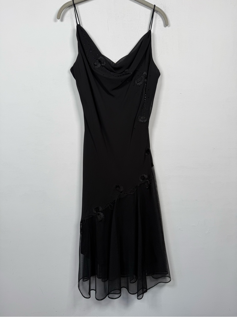 VTG De Laru Black Beaded Cowl Neck Handkerchief Hem Dress Y2K Whimsigoth Sz 12
